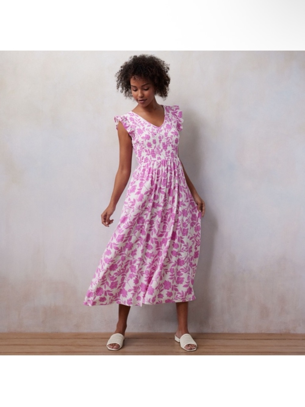 Pink Floral V-Neck Midi Dress with Ruffle Sleeves
